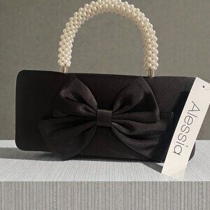 Black Satin Bow Bag Pearl Handle Coquette Formal Prom Wedding Clutch